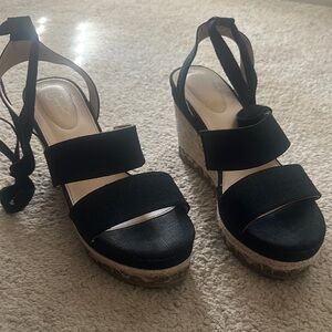 Black Wedge Sandals with Tied Straps